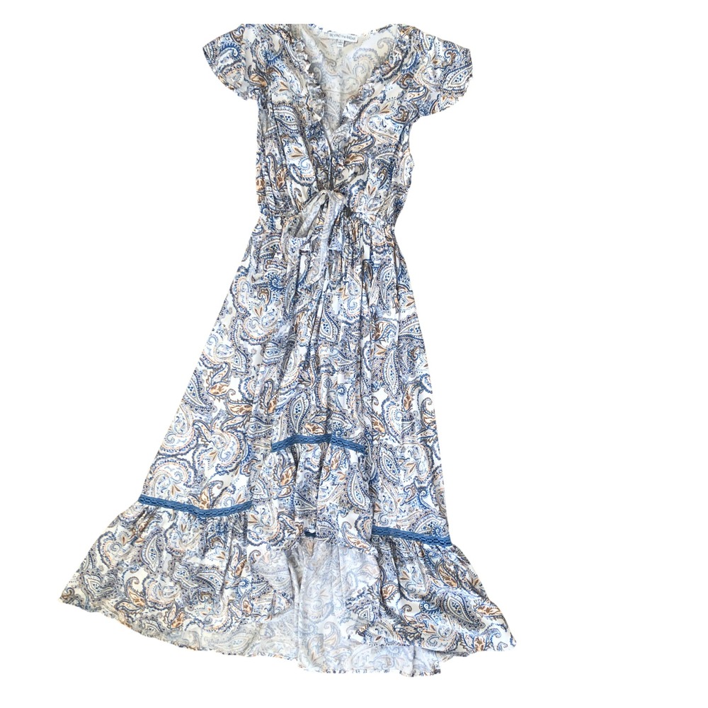 Women's Beyond The Radar Blue Paisley Cap Sleeve Hi-Low Ruffle Boho Maxi Dress L - Picture 13 of 16